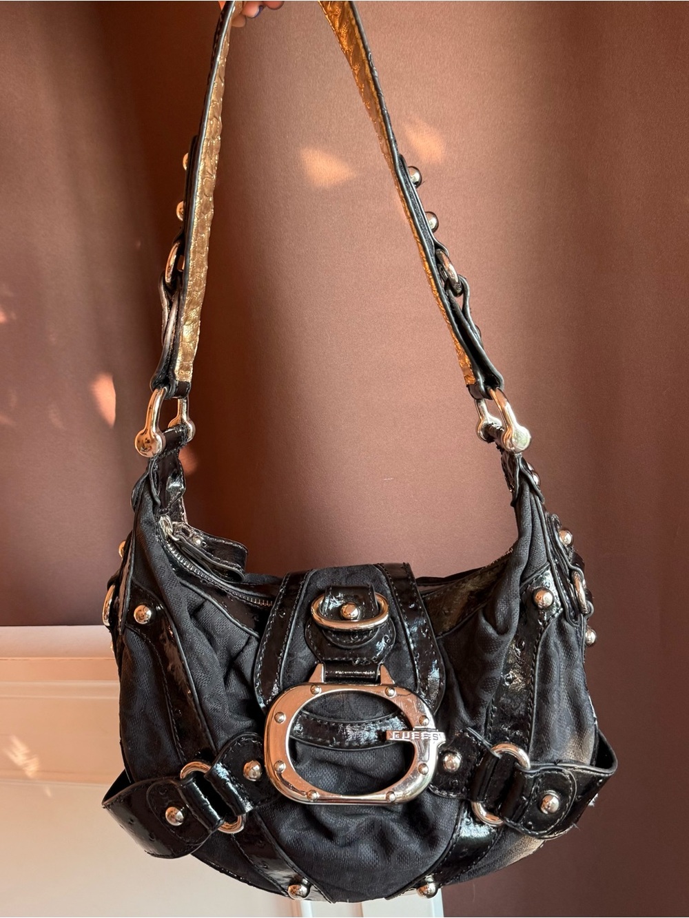 Vintage GUESS black hobo shoulder bag with silver hardware